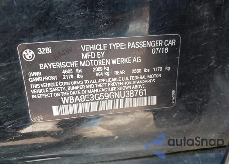 2016 BMW 328I xDrive из США, поврежденный, VIN WBA8E3G59GNU38761